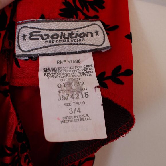 Gothic Red Dress Black Floral Vine Print Mini Slip Style VTG 3/4 Bright Spring - Picture 5 of 6